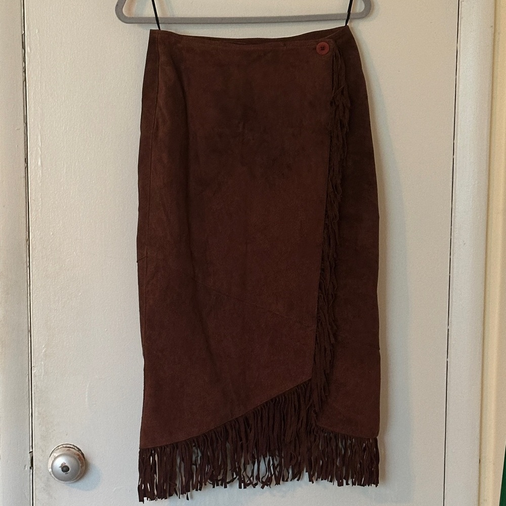 Vintage Brown 100% Suede Leather Fringe Wrap Midi Skirt - Kenar Leathers.